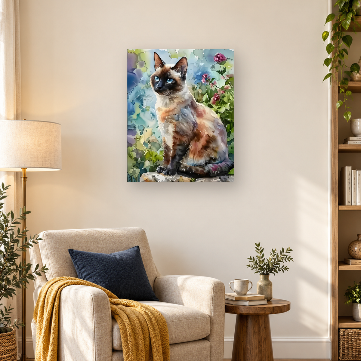 Watercolor-style Siamese cat with bright blue eyes seated among pink and purple flowers — 03_lifestyle_hero