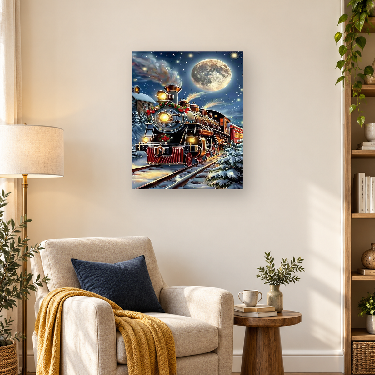 Decorated Christmas steam locomotive traveling through snowy scenery beneath a glowing full moon