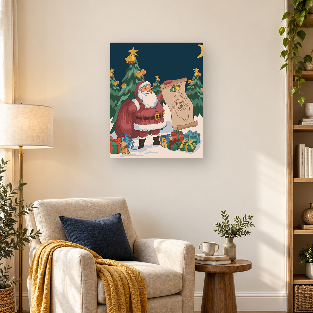 Cartoon Santa Claus with a Merry Christmas scroll, presents, evergreen trees, teddy bear, and crescent moon — 03_lifestyle_hero