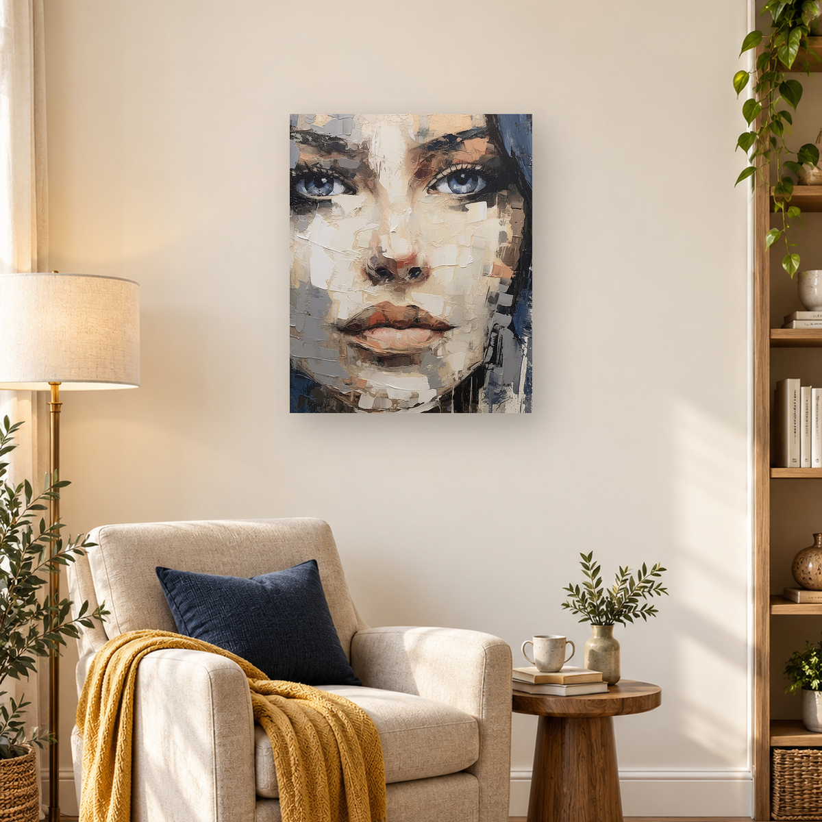Close-up expressive portrait of a woman with blue-gray eyes and layered textured brushstrokes — 03_lifestyle_hero