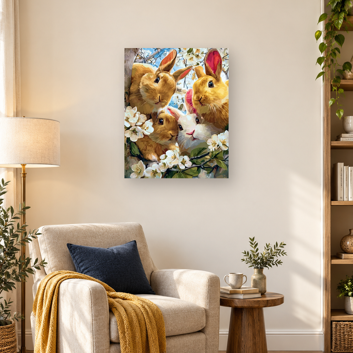 Four rabbits nestled among white blossoms and green branches beneath a pale blue sky — 03_lifestyle_hero