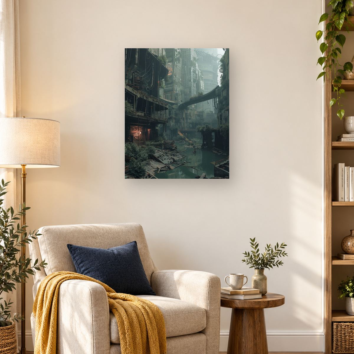 Overgrown futuristic industrial city with a flooded canal, elevated walkway, pipes, vines, and reflected debris. — 03_lifestyle_hero