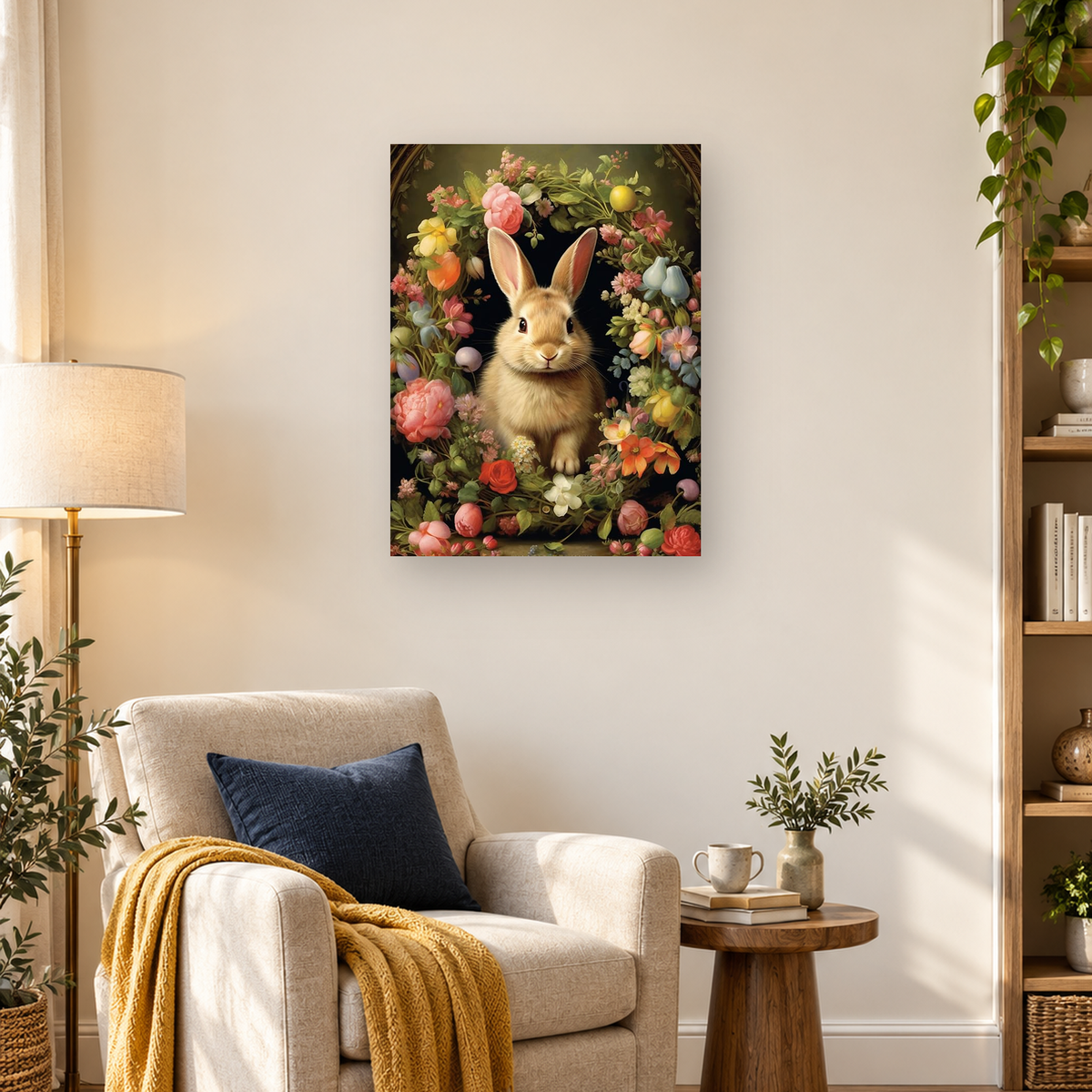 Tan rabbit surrounded by colorful flowers and green foliage on a dark background. — 03_lifestyle_hero