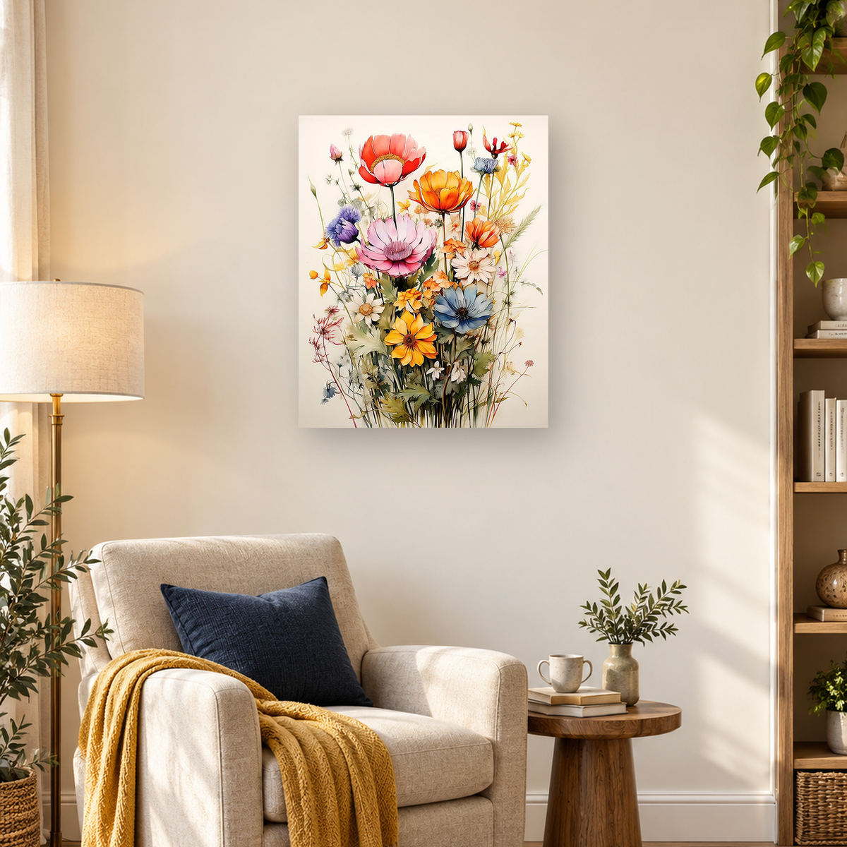 Watercolor-style bouquet of pink, orange, blue, white, and yellow wildflowers with green stems — 03_lifestyle_hero