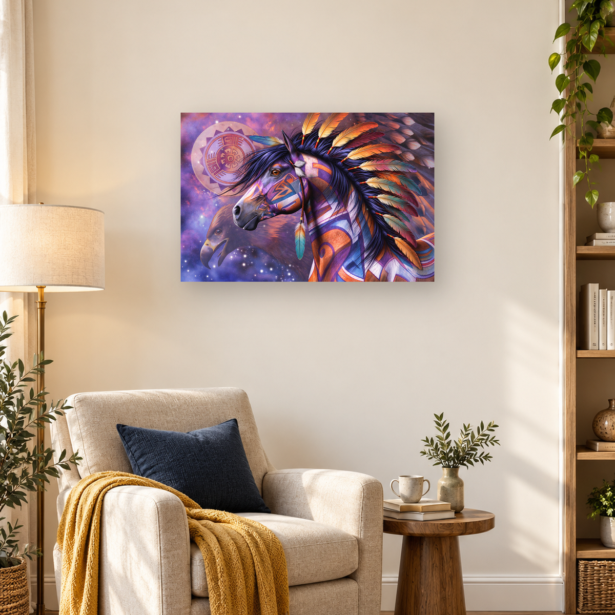 Geometric horse with a colorful feathered mane against stars, nebula clouds, and a circular symbol. — 03_lifestyle_hero