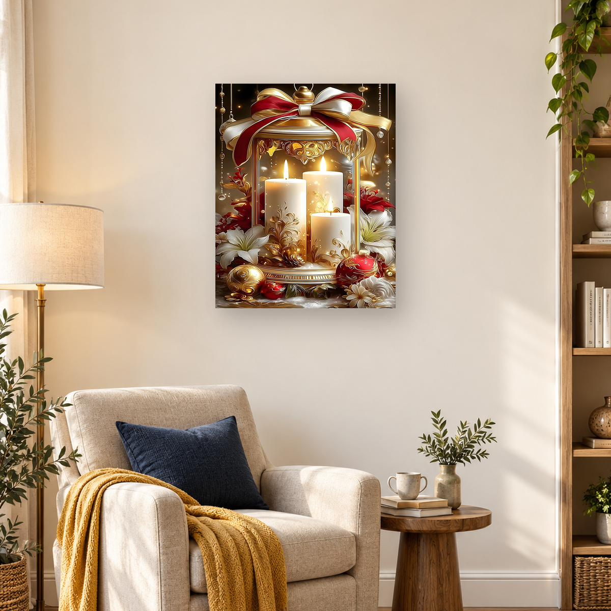 Ornate golden Christmas lantern with three glowing white candles, flowers, ornaments, and a large festive bow.