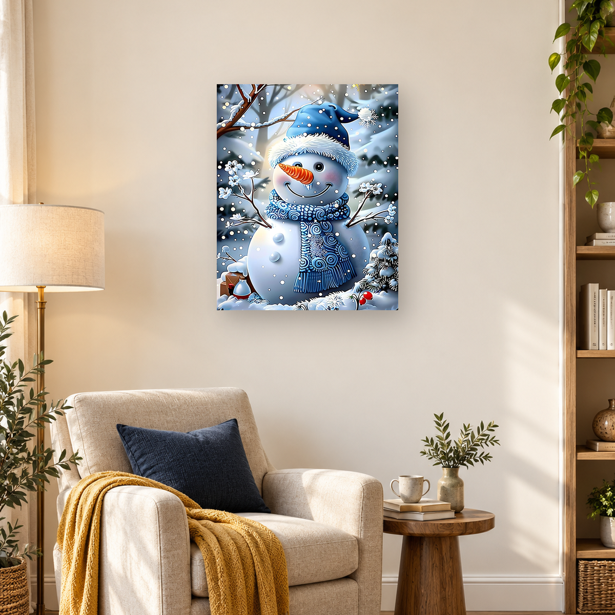 MalaMind Gallery V3 | 03 Lifestyle Hero | CH-260921-075 | Smiling snowman in a blue hat and patterned scarf surrounded by snowy branches and an evergreen tree