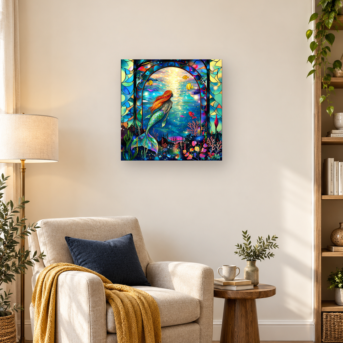 Red-haired mermaid with a green tail swimming through a colorful stained-glass coral reef scene — 03_lifestyle_hero