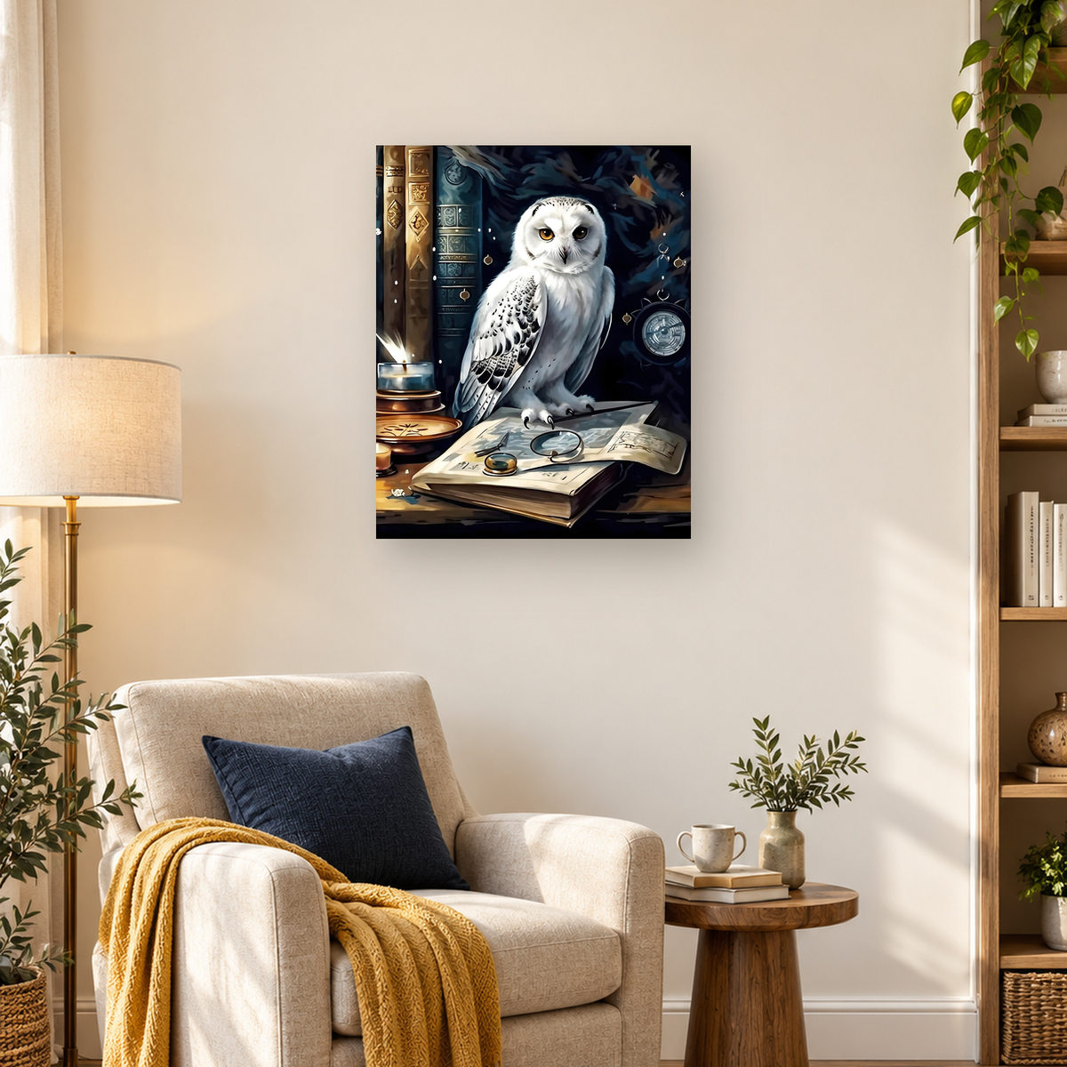 White owl perched over an open illustrated book with a candle, stacked books, and scholarly instruments — 03_lifestyle_hero