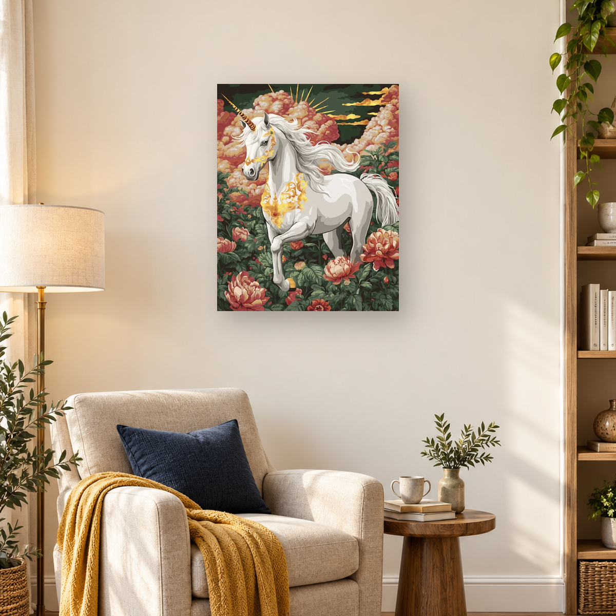 White unicorn with a flowing mane and gold markings surrounded by pink and red flowers. — 03_lifestyle_hero