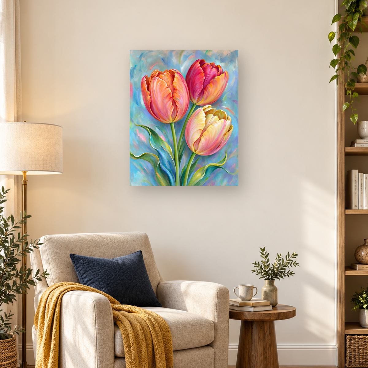 Three colorful tulips with green stems and leaves against a blue abstract painted background — 03_lifestyle_hero