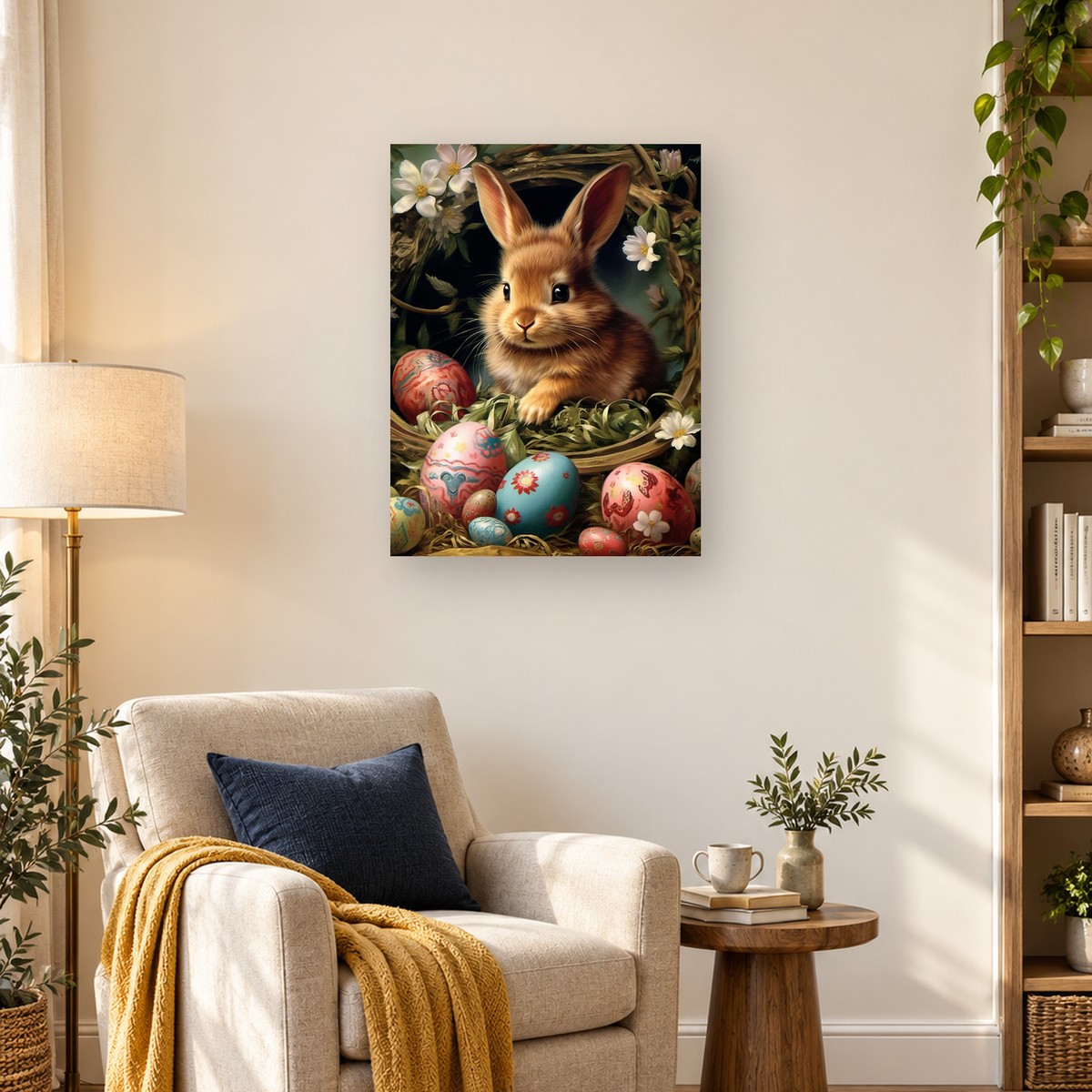 Brown rabbit surrounded by colorful Easter eggs, white flowers, green foliage, and wooden branches — 03_lifestyle_hero