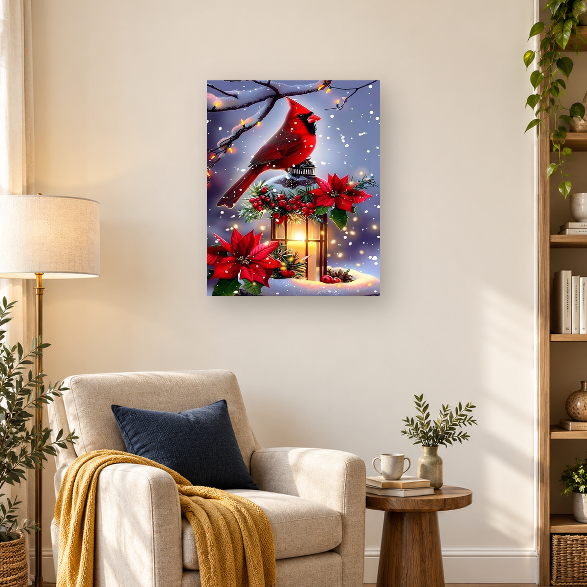 Red cardinal perched on a glowing snowy lantern surrounded by poinsettias, holly, lights, and falling snow