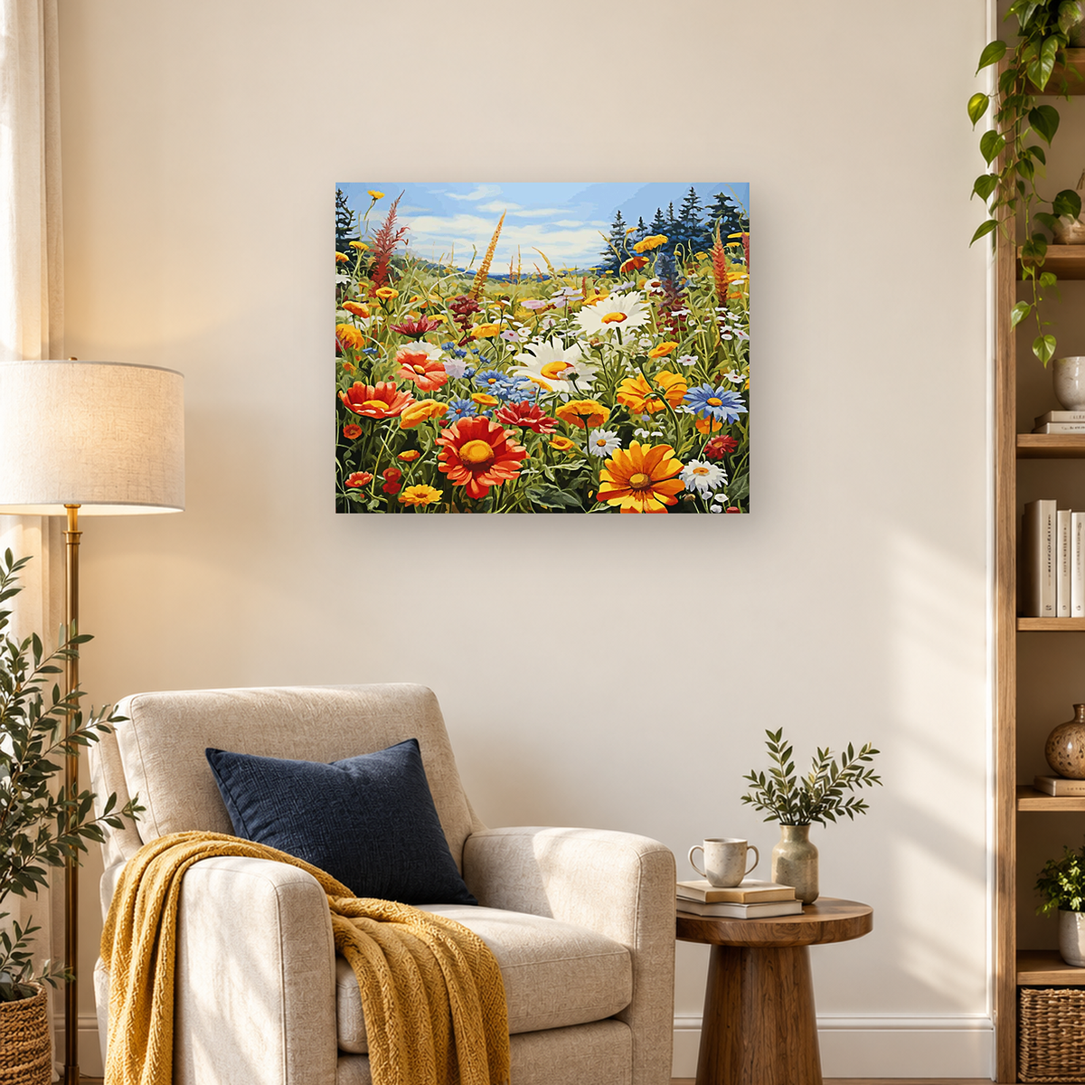 Colorful wildflower meadow with large daisies, evergreen trees, distant hills, and a blue cloudy sky — 03_lifestyle_hero