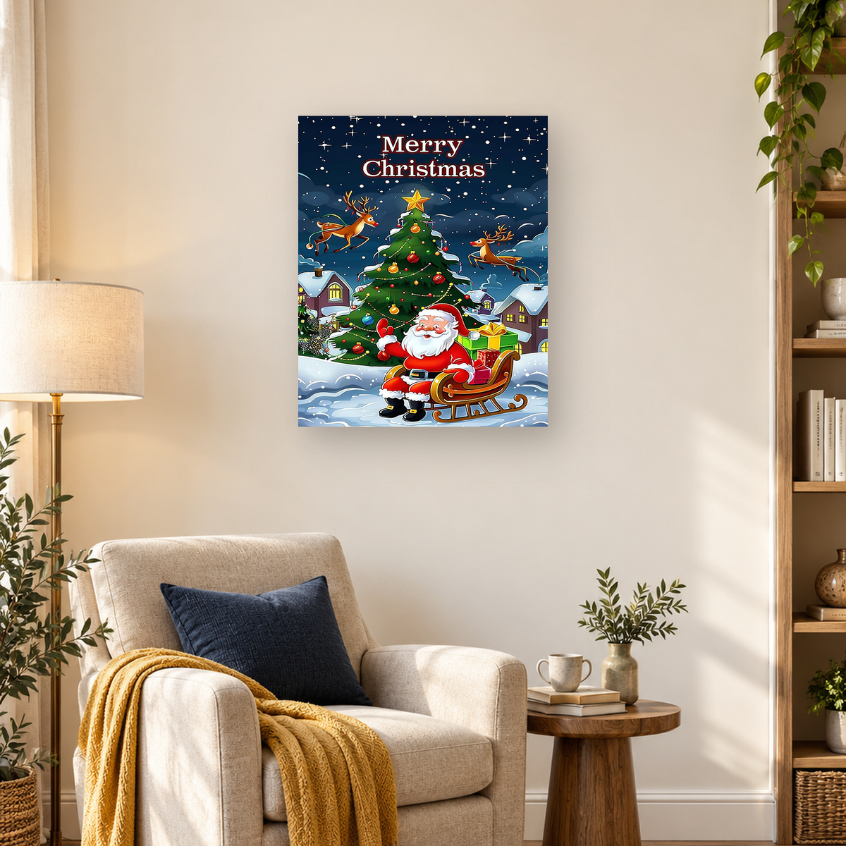 Cartoon Santa in a gift-filled sleigh beside a decorated tree, flying reindeer, and snowy village
