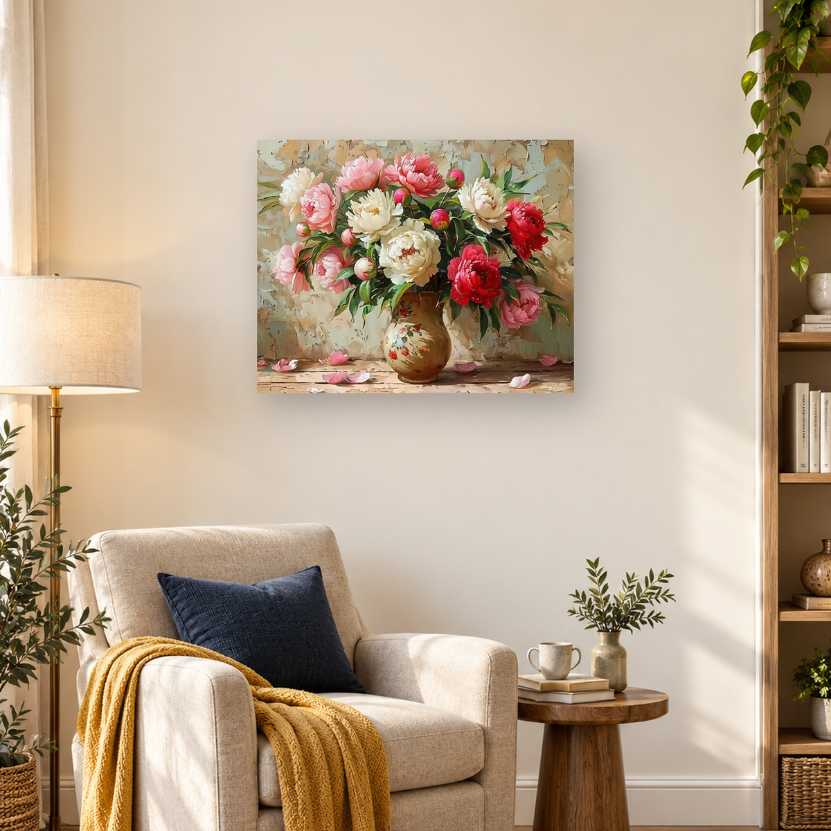 Painterly still life of pink, red, and white peonies in a decorated brown vase — 03_lifestyle_hero