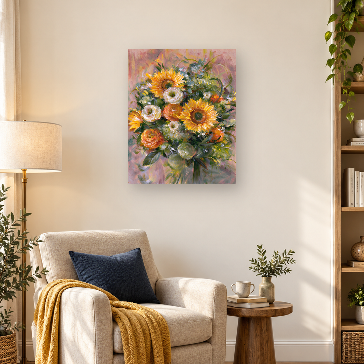 Painterly bouquet of sunflowers, white and orange flowers, and green foliage against a pink background — 03_lifestyle_hero