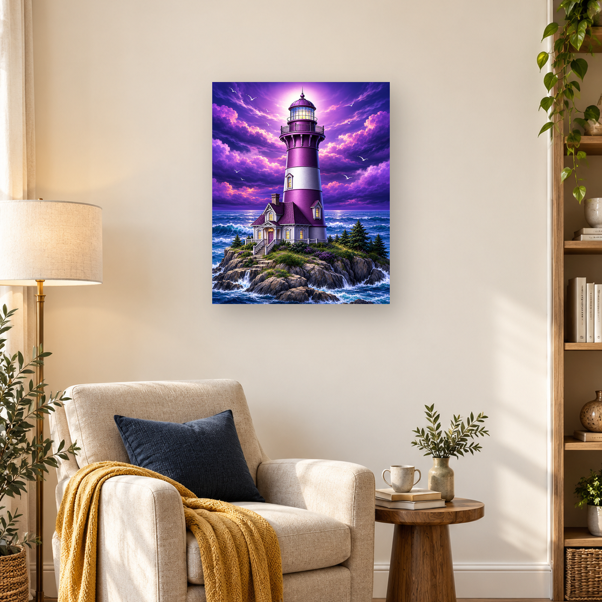 Purple lighthouse and coastal house on a rocky islet with waves, seabirds, and violet clouds — 03_lifestyle_hero