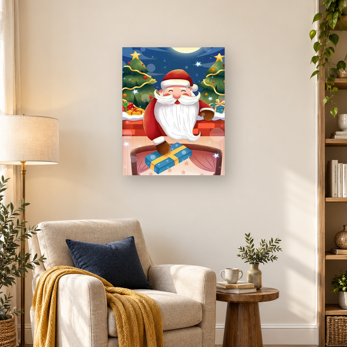 Cartoon Santa holds a blue gift beneath a full moon, surrounded by decorated Christmas trees and presents. — 03_lifestyle_hero