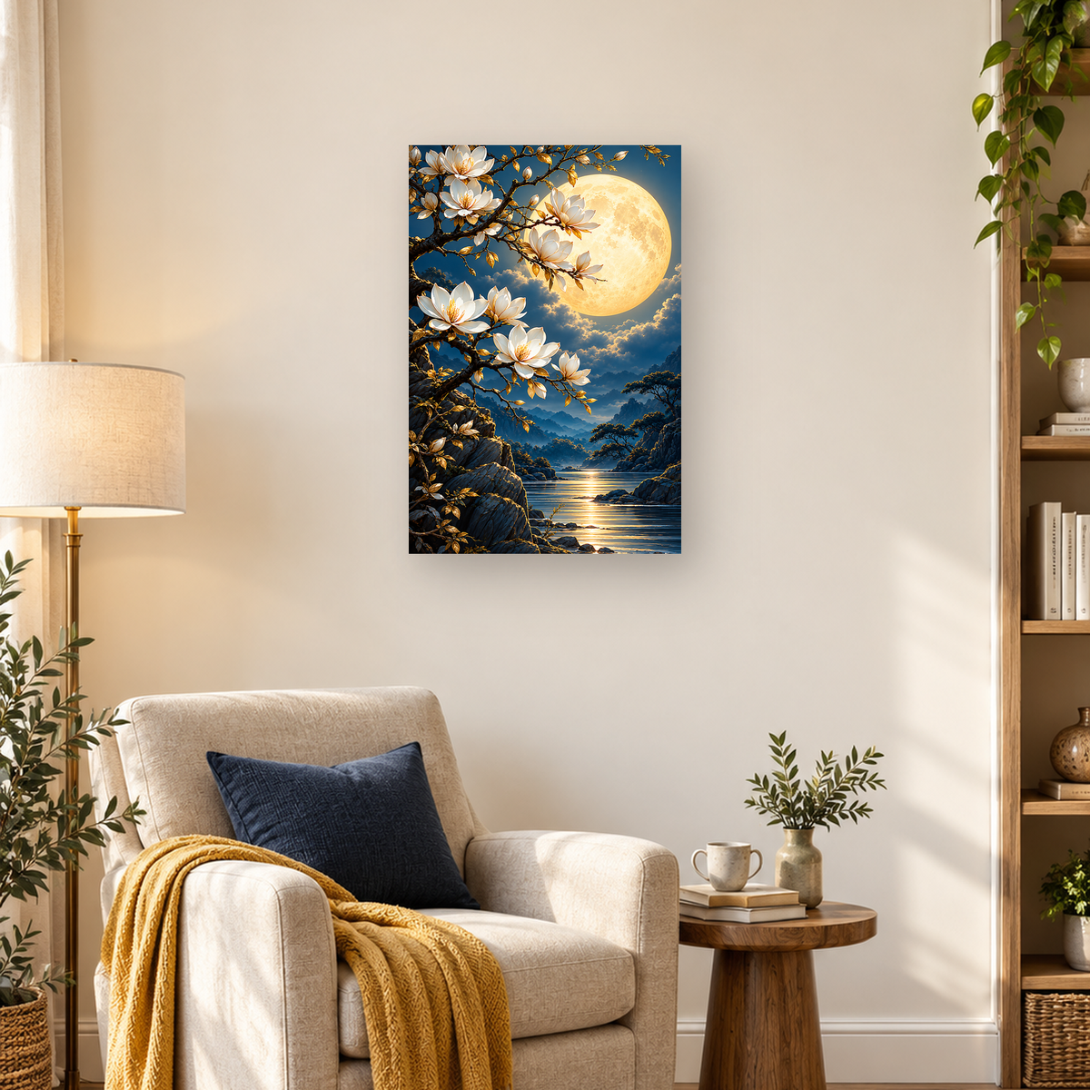 White magnolia branches frame a glowing full moon above a reflective mountain river and layered peaks. — 03_lifestyle_hero