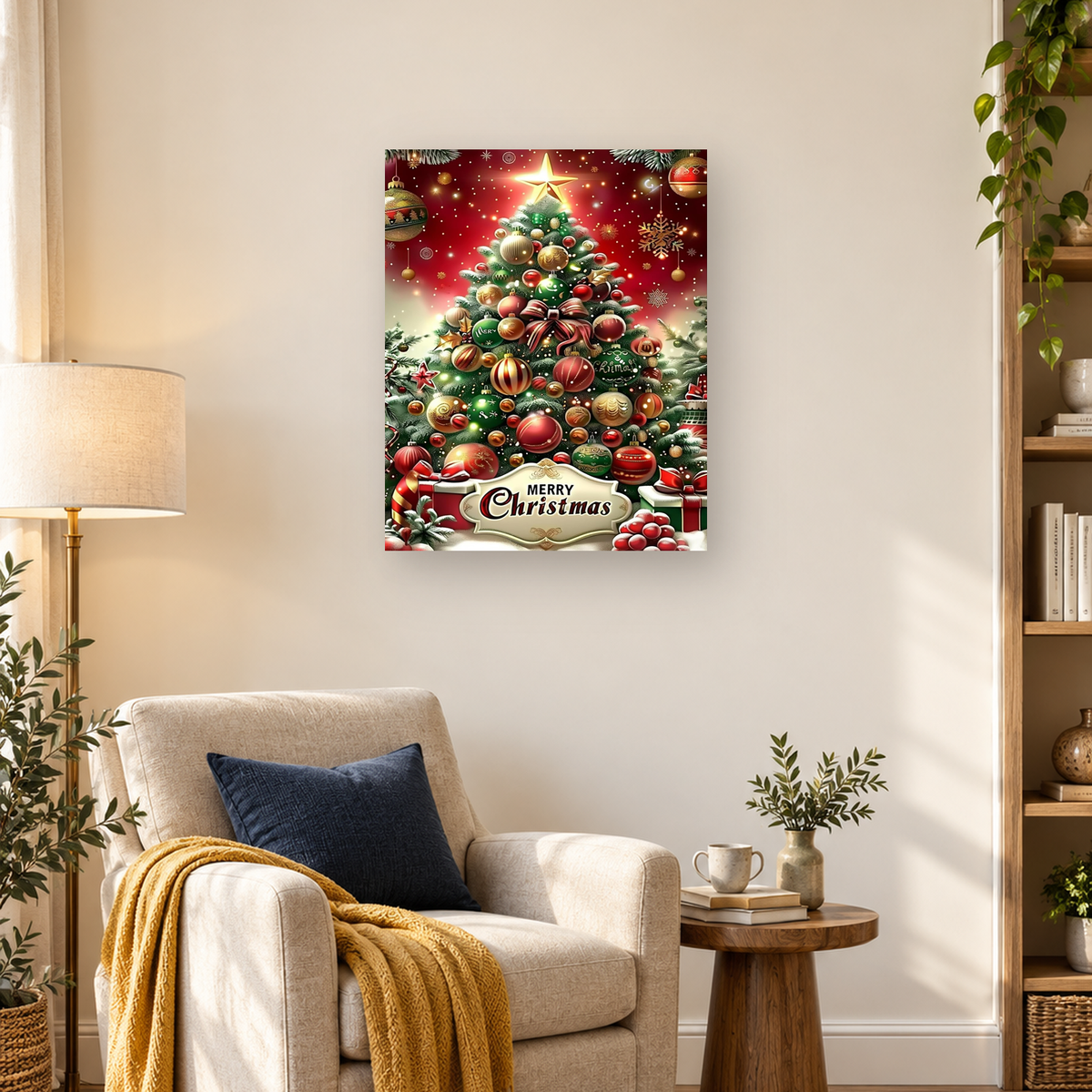 MalaMind Gallery V3 | 03 Lifestyle Hero | CH-260921-083 | Heavily decorated Christmas tree with a glowing star, ornaments, presents, and a Merry Christmas sign