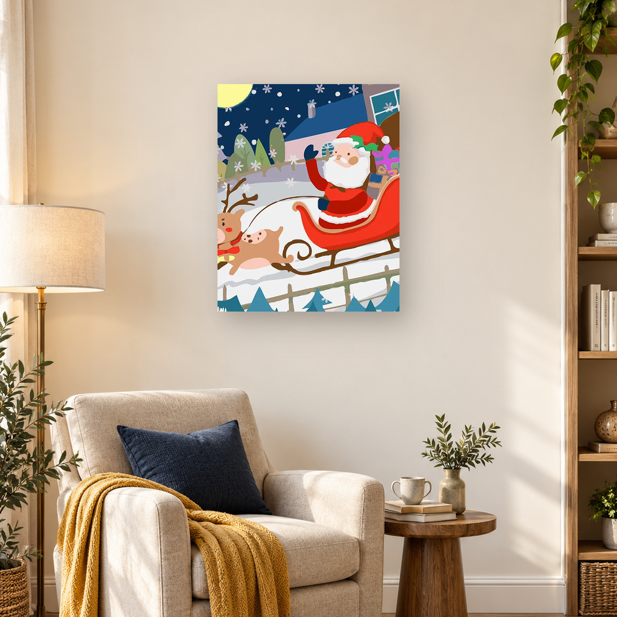 Cartoon Santa waves from a red sleigh pulled by a reindeer through a snowy Christmas night. — 03_lifestyle_hero