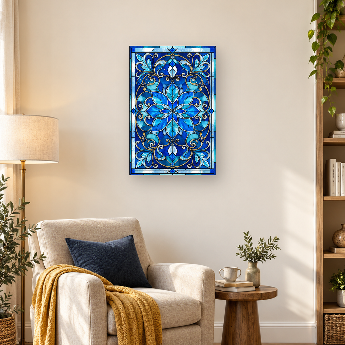 Symmetrical blue floral stained-glass panel with turquoise leaves, gold vines, geometric motifs, and a rectangular border. — 03_lifestyle_hero