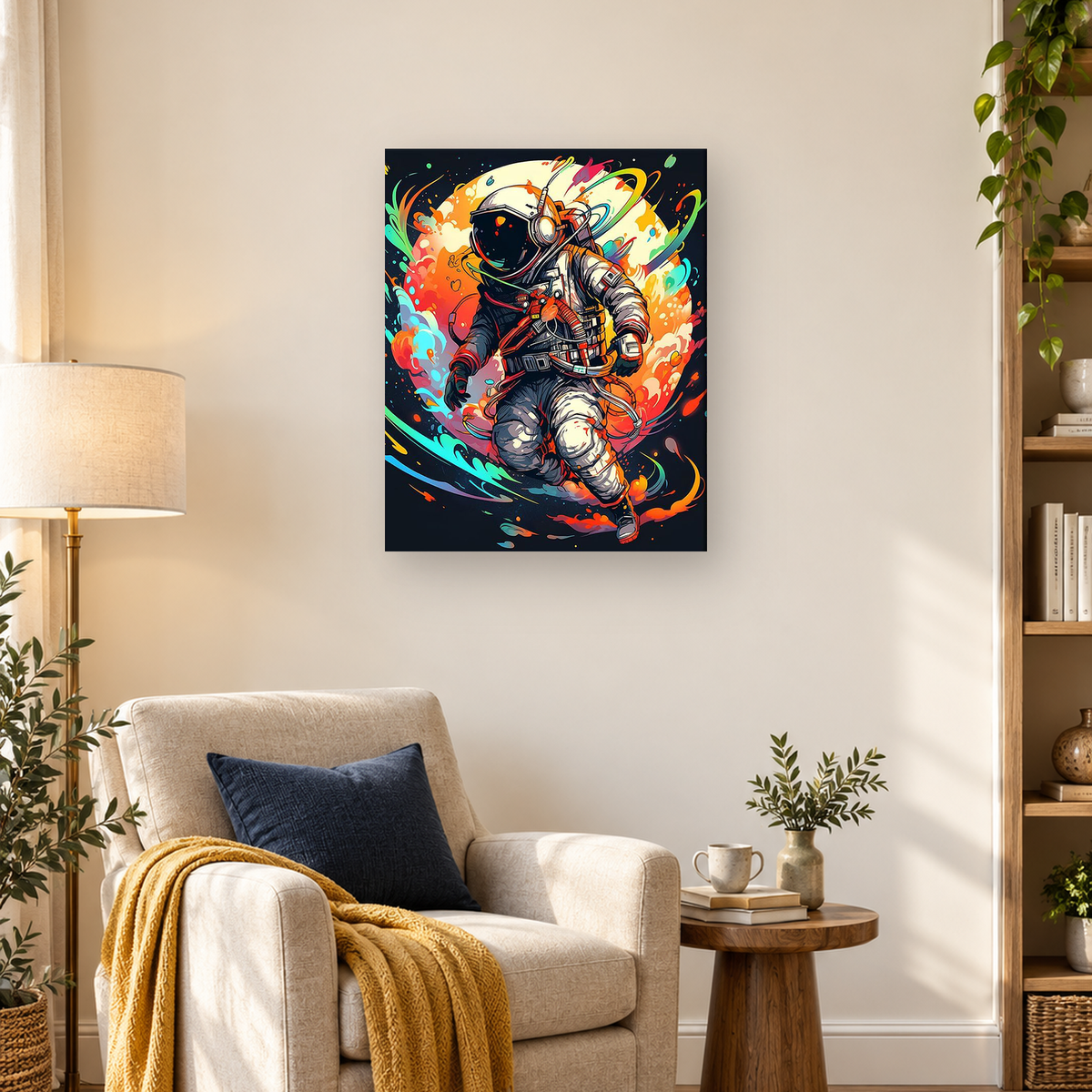 Comic-style astronaut in a detailed spacesuit floating amid colorful swirling cosmic forms. — 03_lifestyle_hero