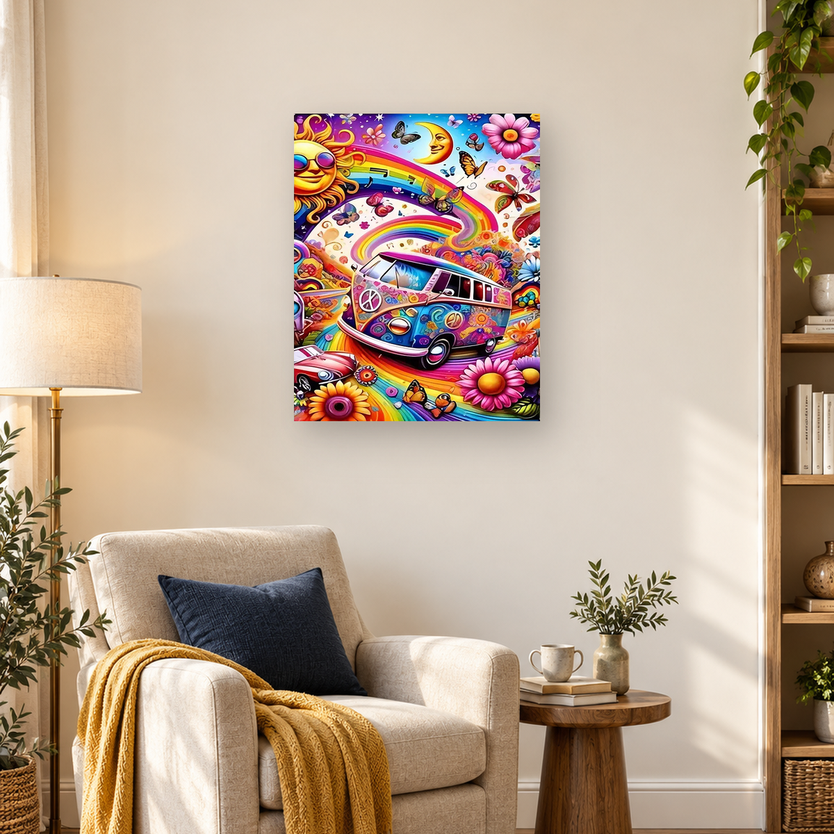 Colorful decorated vintage van surrounded by rainbows, flowers, butterflies, musical notes, and a smiling crescent moon — 03_lifestyle_hero