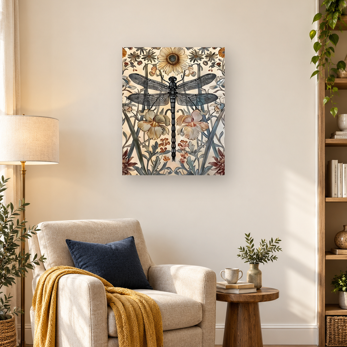 Black dragonfly with veined wings centered among cream, peach, and gray-blue flowers — 03_lifestyle_hero