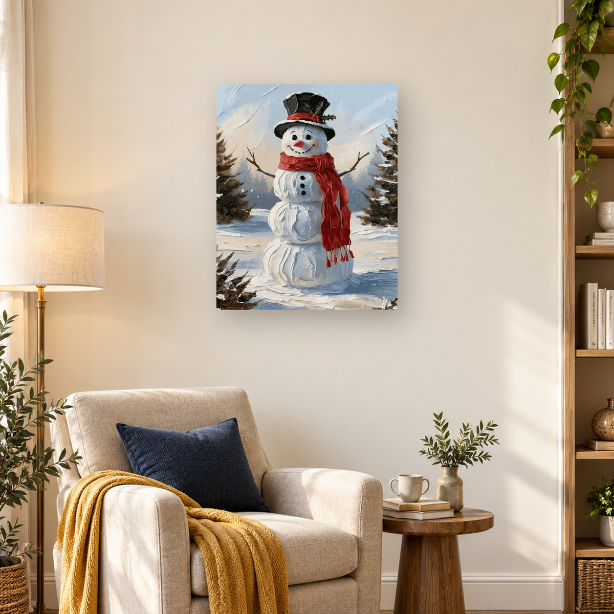 Cheerful snowman in a black top hat and red scarf stands among snowy evergreen trees.