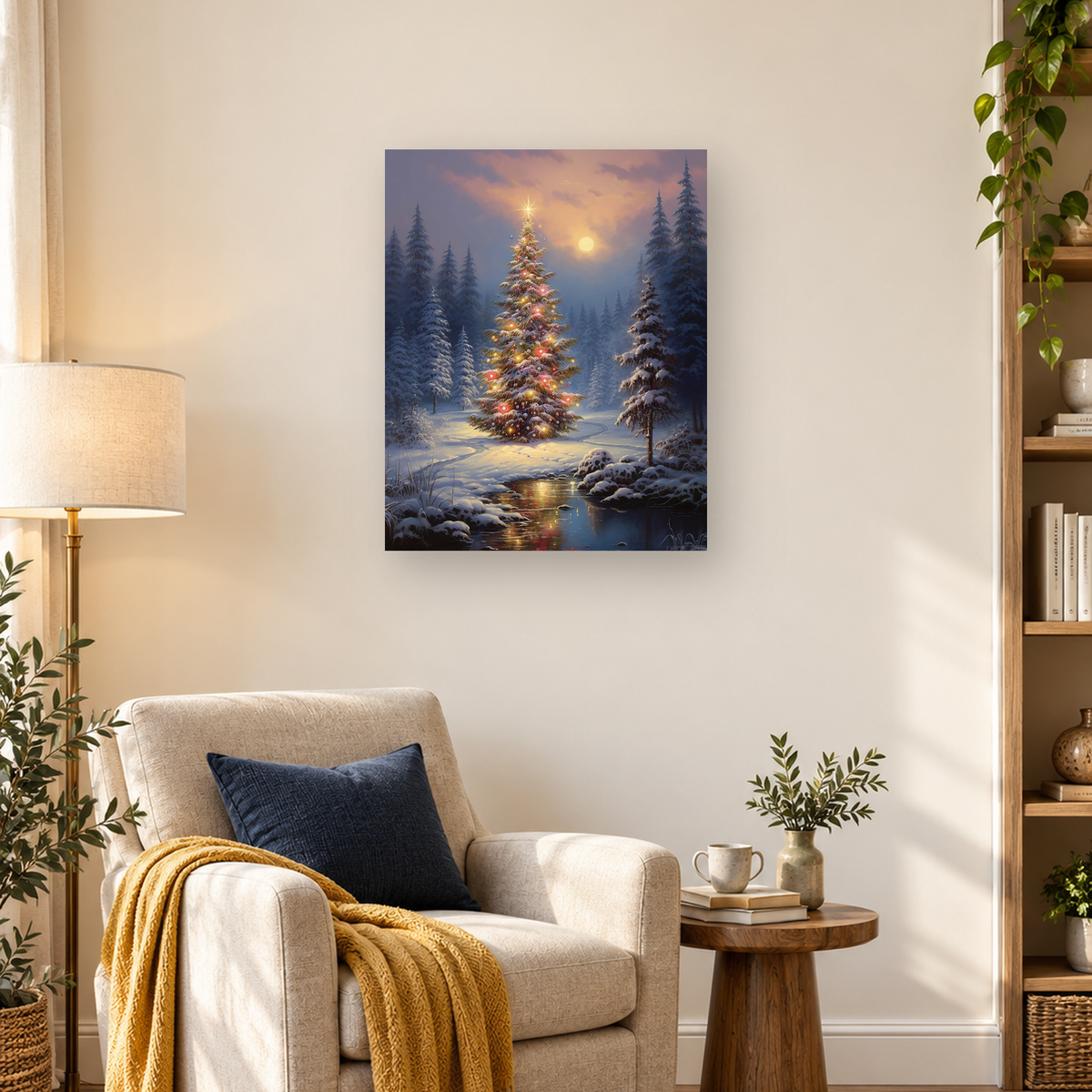Glowing decorated Christmas tree beside a reflective stream in a snowy evergreen forest at twilight