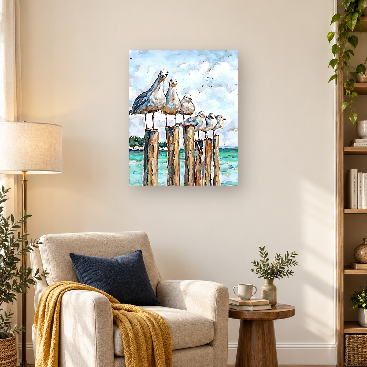 Watercolor-style seagulls perched on weathered wooden pilings above turquoise coastal water — 03_lifestyle_hero
