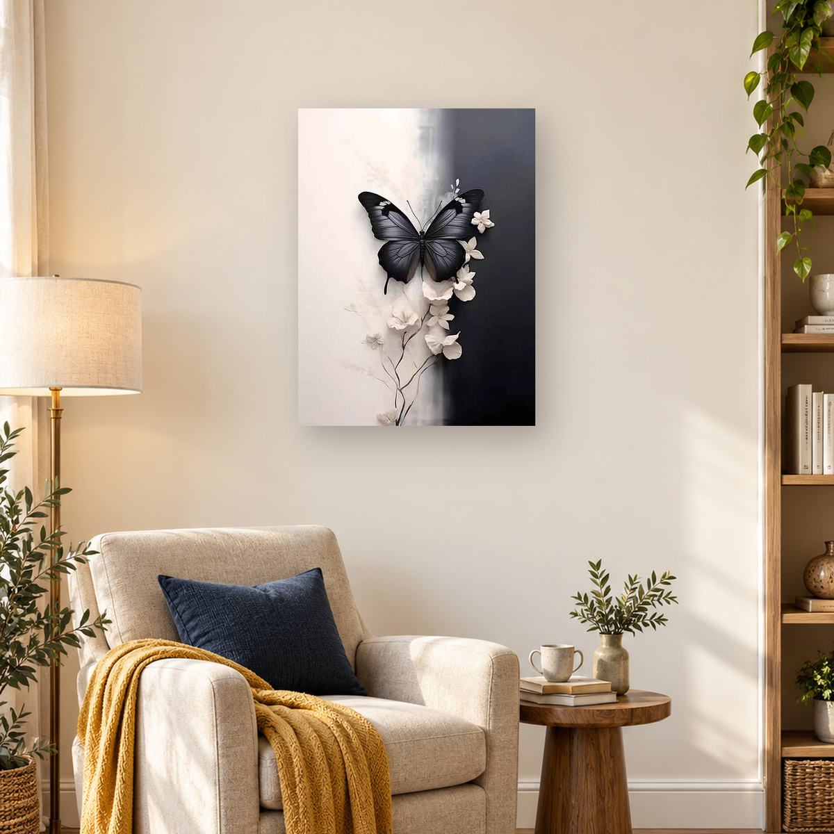Black butterfly with spread wings among white flowers on a split light and dark background — 03_lifestyle_hero