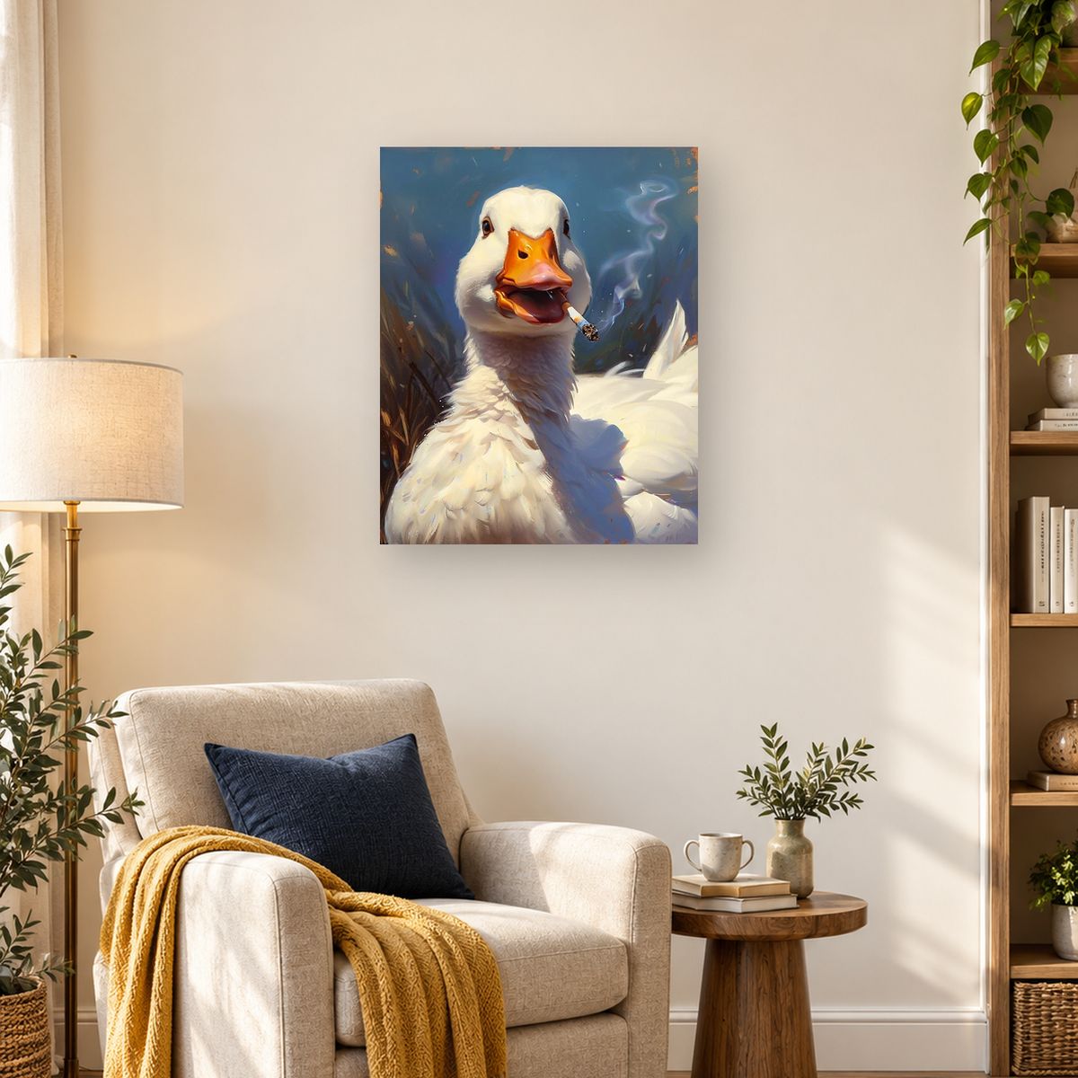 Painterly white duck holding a lit cigarette with curling smoke against a deep blue background — 03_lifestyle_hero