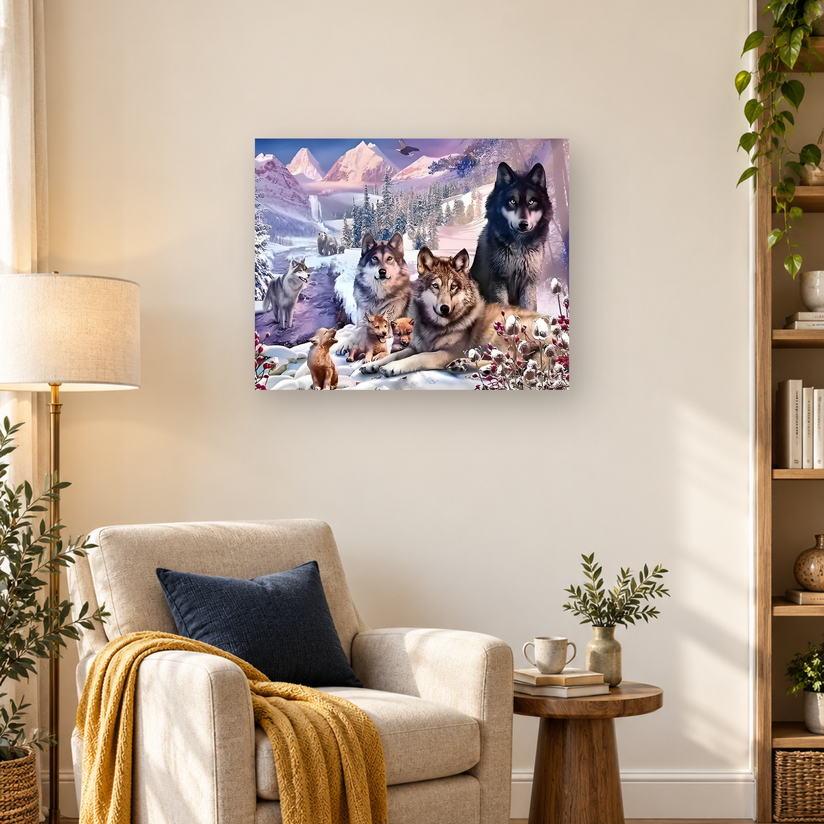 Wolf family and pups gathered in a snowy mountain landscape with wildlife, evergreen trees, and a waterfall — 03_lifestyle_hero
