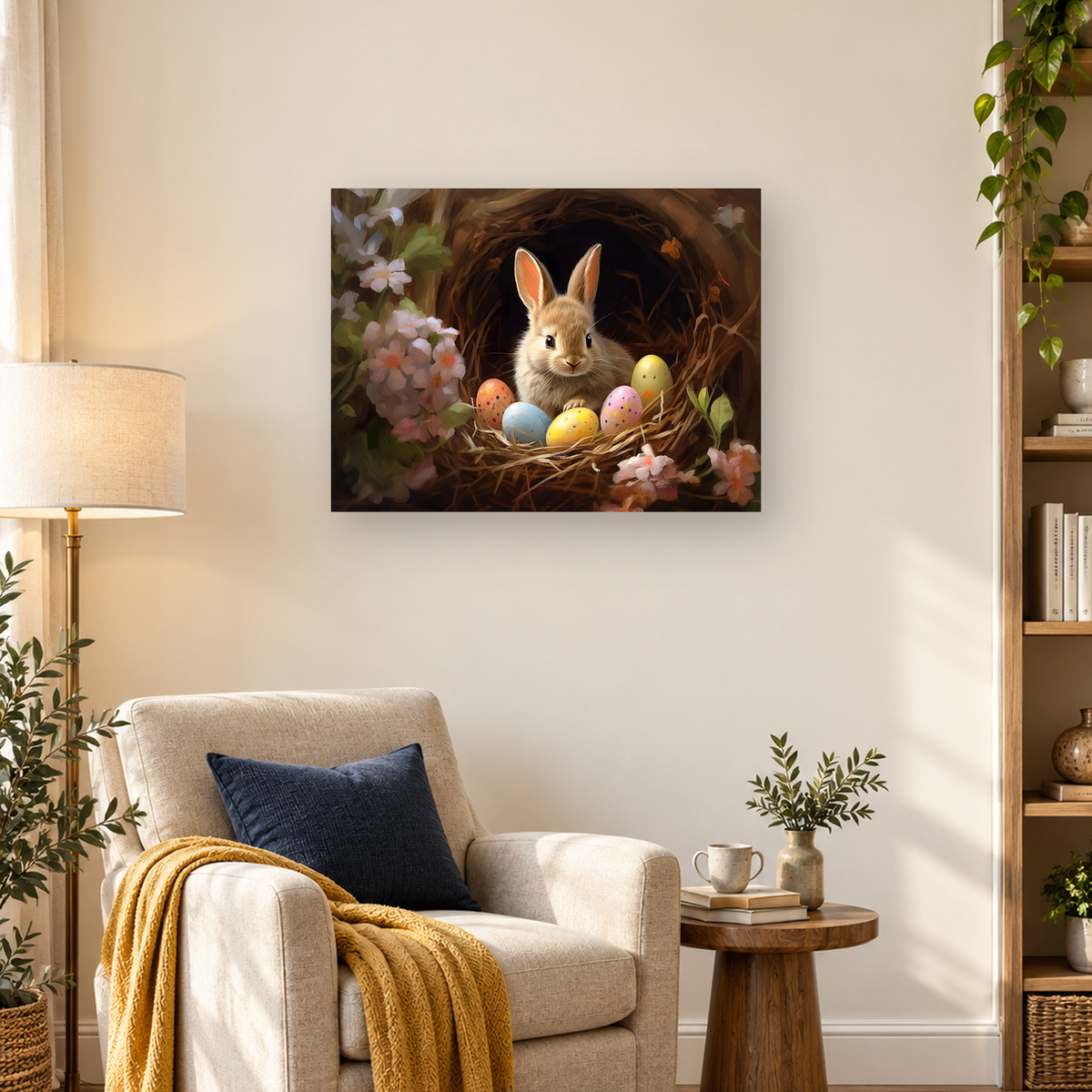 Fluffy rabbit in a straw nest behind five pastel spotted Easter eggs and flowering branches — 03_lifestyle_hero