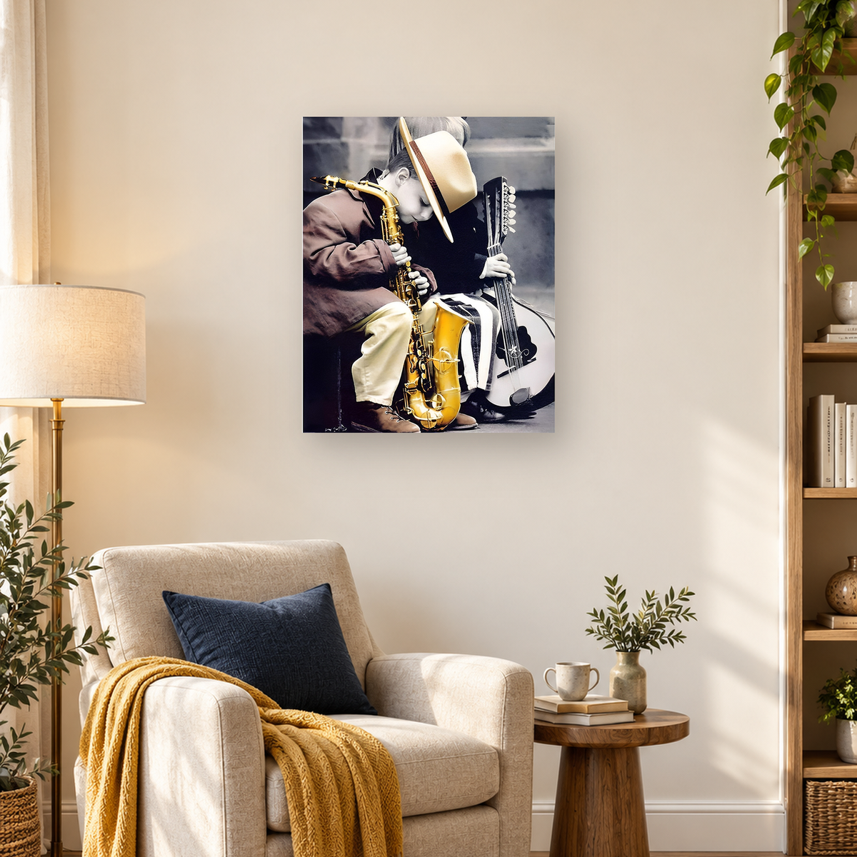 Two musicians perform with a golden saxophone and upright bass in a high-contrast portrait. — 03_lifestyle_hero