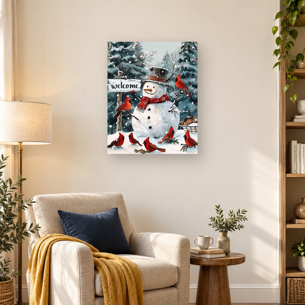 MalaMind Gallery V3 | 03 Lifestyle Hero | CH-260922-001 | Snowman in a red scarf surrounded by red cardinals in a snowy evergreen woodland