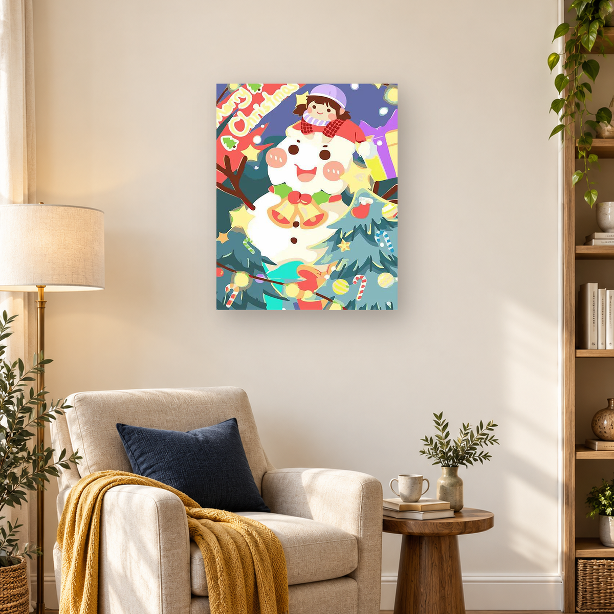 Cartoon Christmas snowman carrying a child, surrounded by ornaments, candy canes, bells, and evergreen branches. — 03_lifestyle_hero