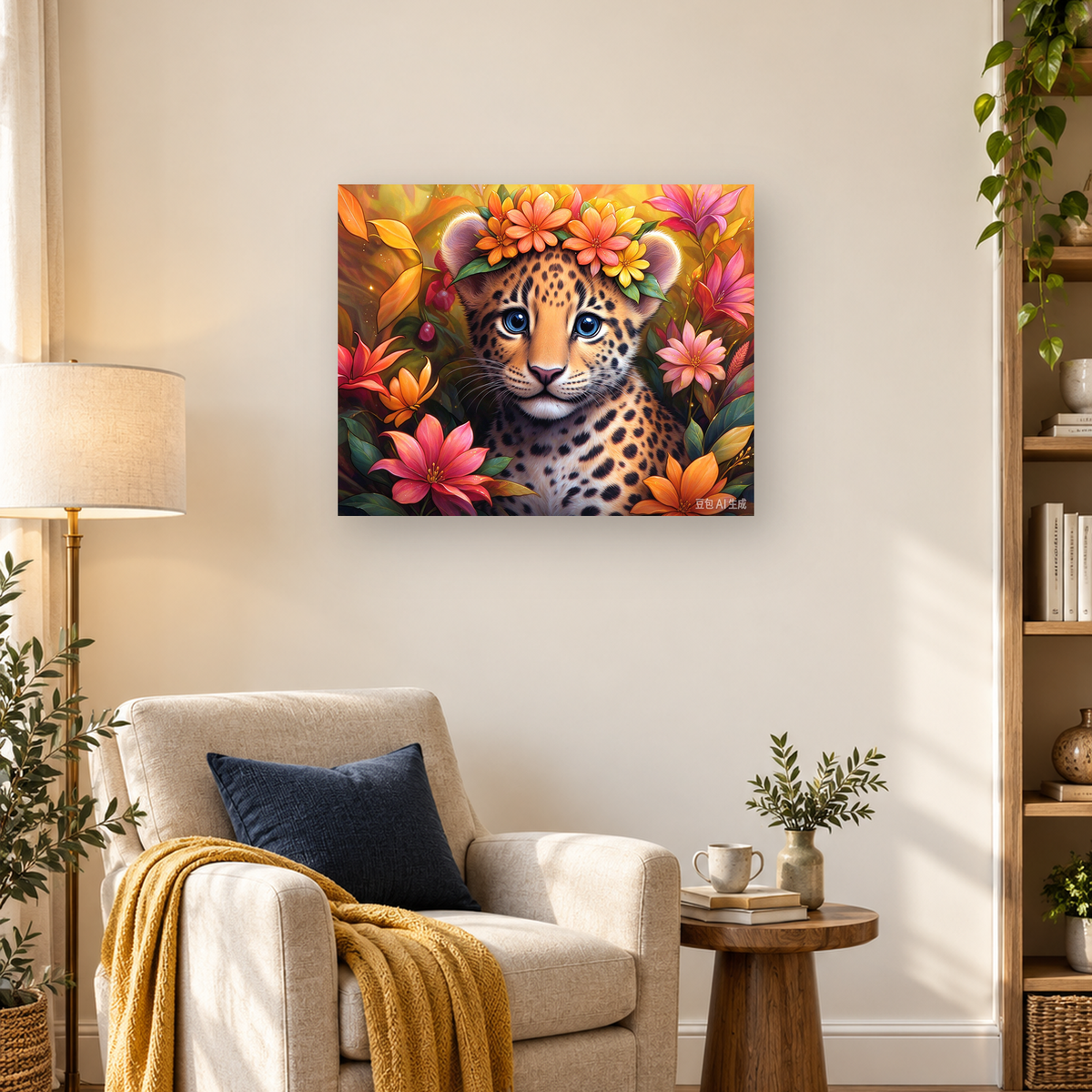 Leopard cub with blue eyes and a flower crown surrounded by colorful flowers and green foliage — 03_lifestyle_hero