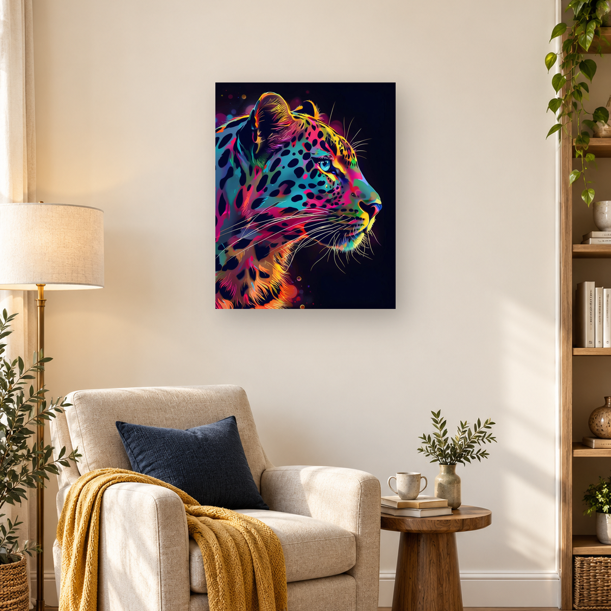 Neon leopard portrait in profile with a blue eye, dark spots, colorful fur, and long white whiskers — 03_lifestyle_hero