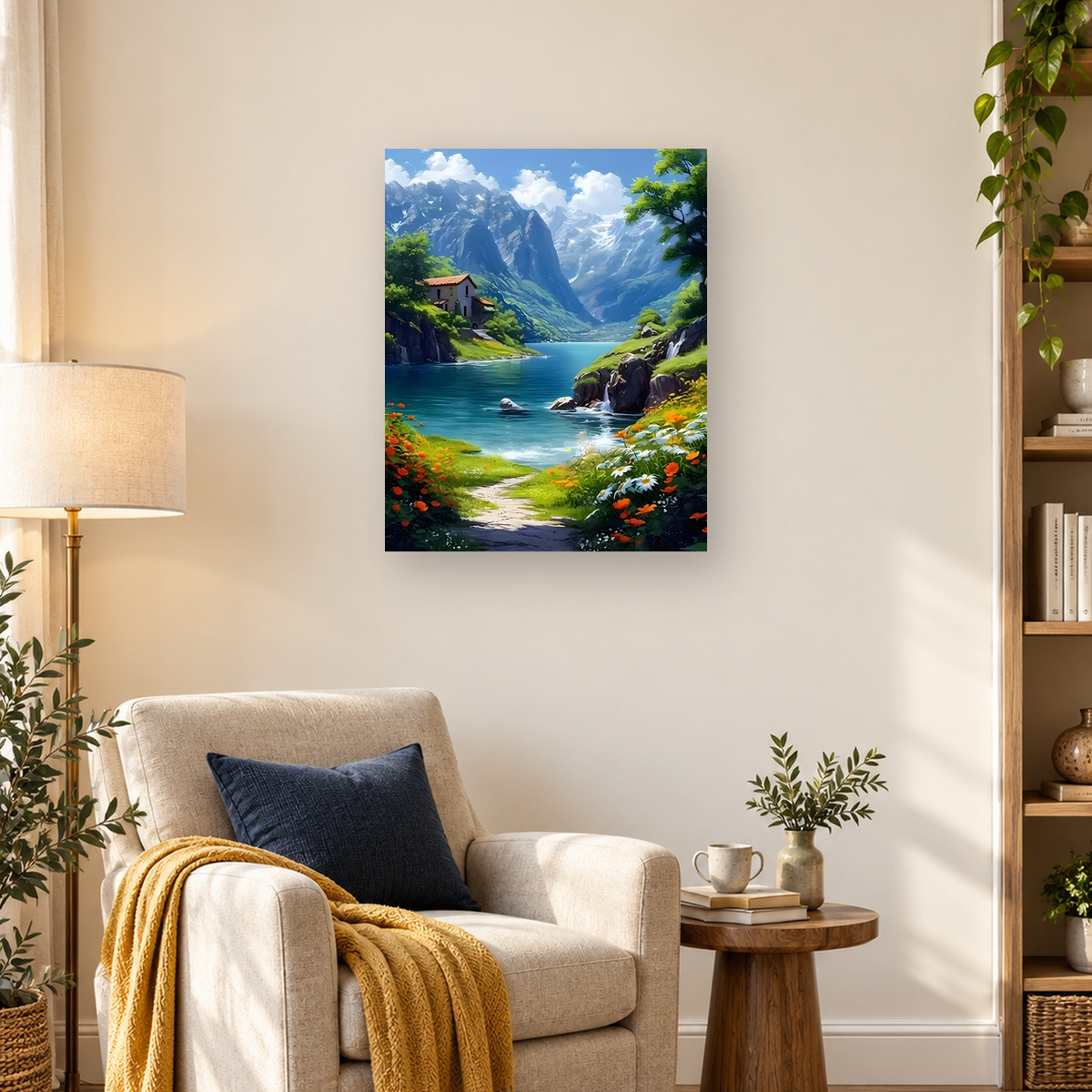 Painterly mountain lake valley with snow-capped peaks, cottage, waterfalls, winding path, and colorful flowers — 03_lifestyle_hero