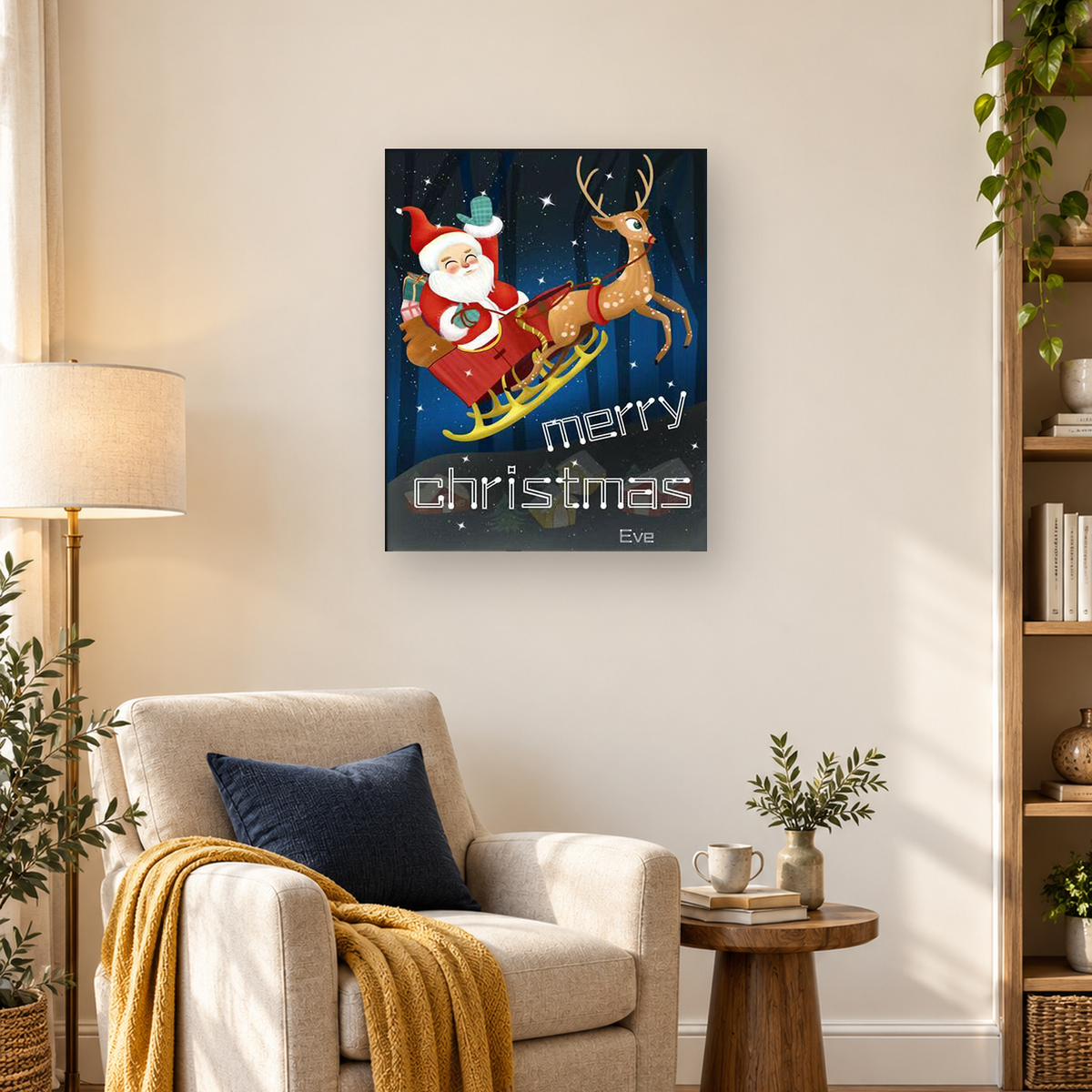 Cartoon Santa rides a red sleigh pulled by a reindeer across a starry Christmas night. — 03_lifestyle_hero