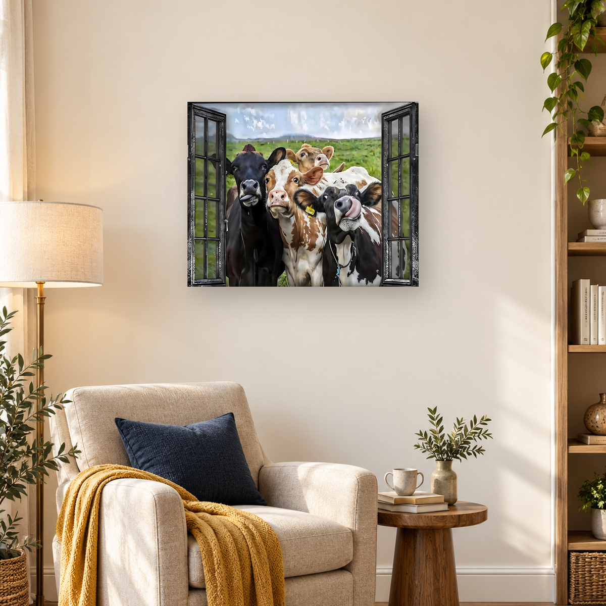 Several curious cows crowd through open windows with a green pasture and cloudy sky behind them. — 03_lifestyle_hero