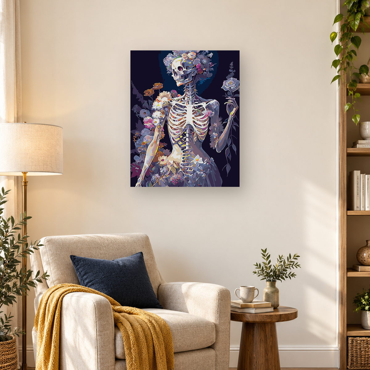 Faceted humanoid skeleton surrounded by colorful flowers against a dark navy background — 03_lifestyle_hero