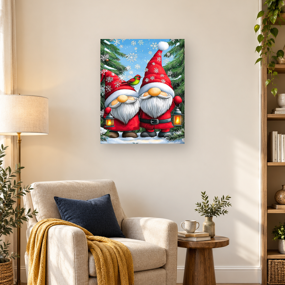 Two bearded Christmas gnomes with lanterns stand among snowy evergreens beneath falling snow.