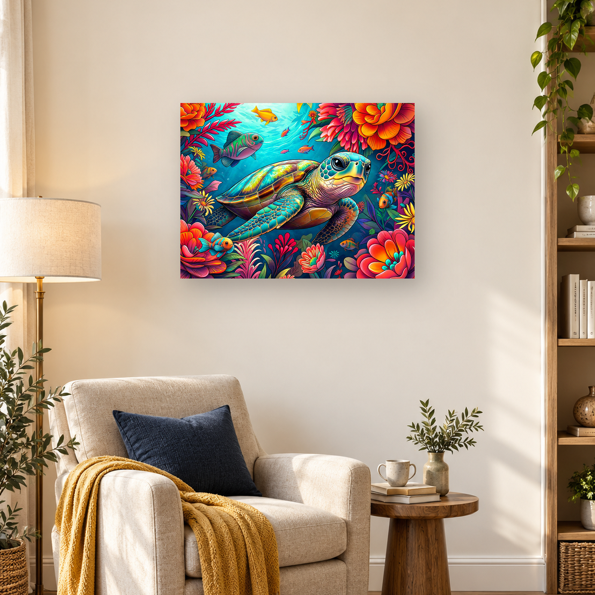 Colorful sea turtle swimming among tropical fish, flowers, and aquatic foliage underwater — 03_lifestyle_hero