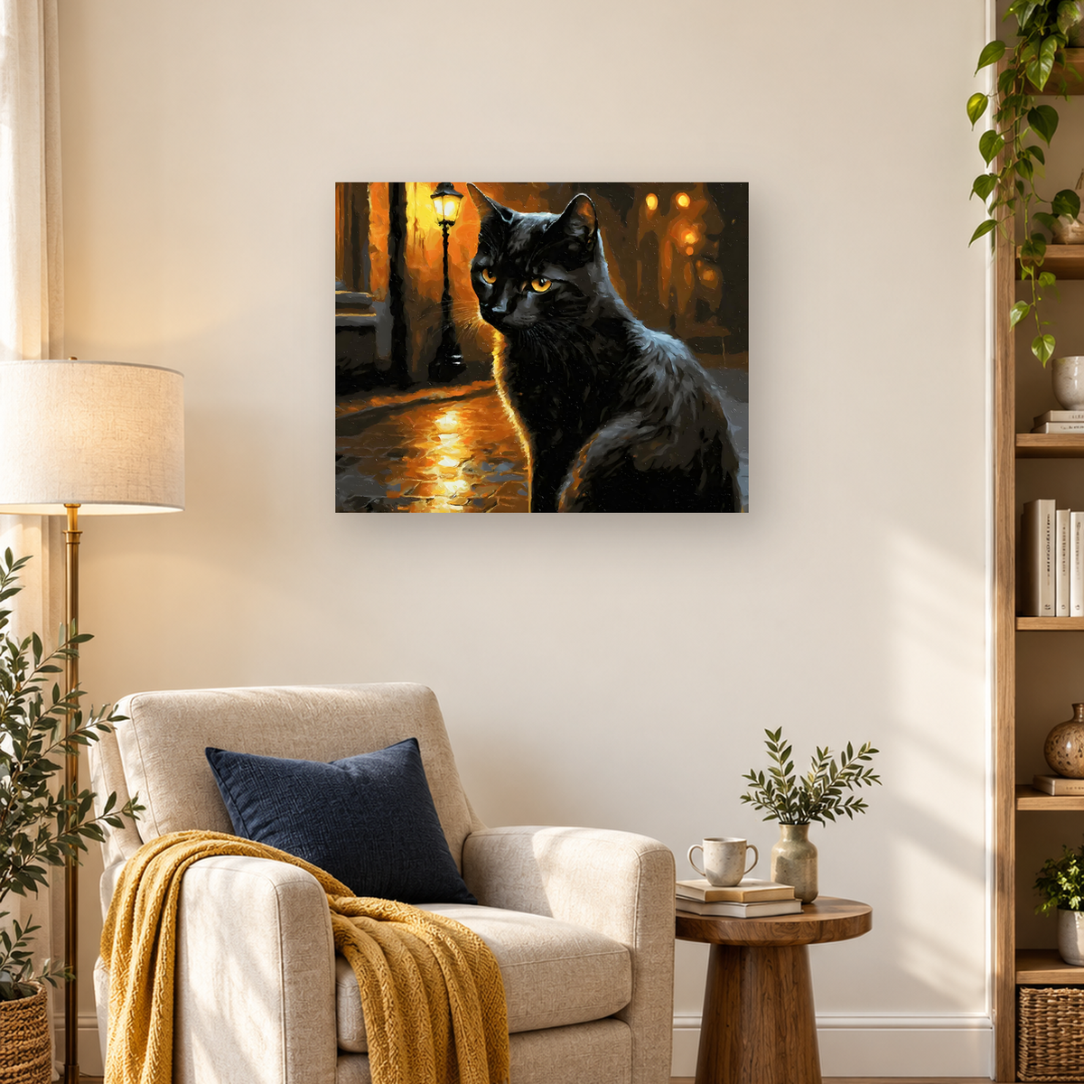 Black cat with amber eyes on a rainy street beneath warm glowing lamps — 03_lifestyle_hero