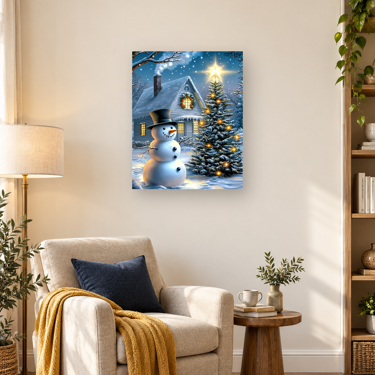 Top-hatted snowman beside a glowing Christmas tree and warmly lit snowy cabin at night